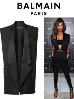 Balmain x H&M Black Tuxedo Vest Satin Trim Sleeveless Wool Size 10